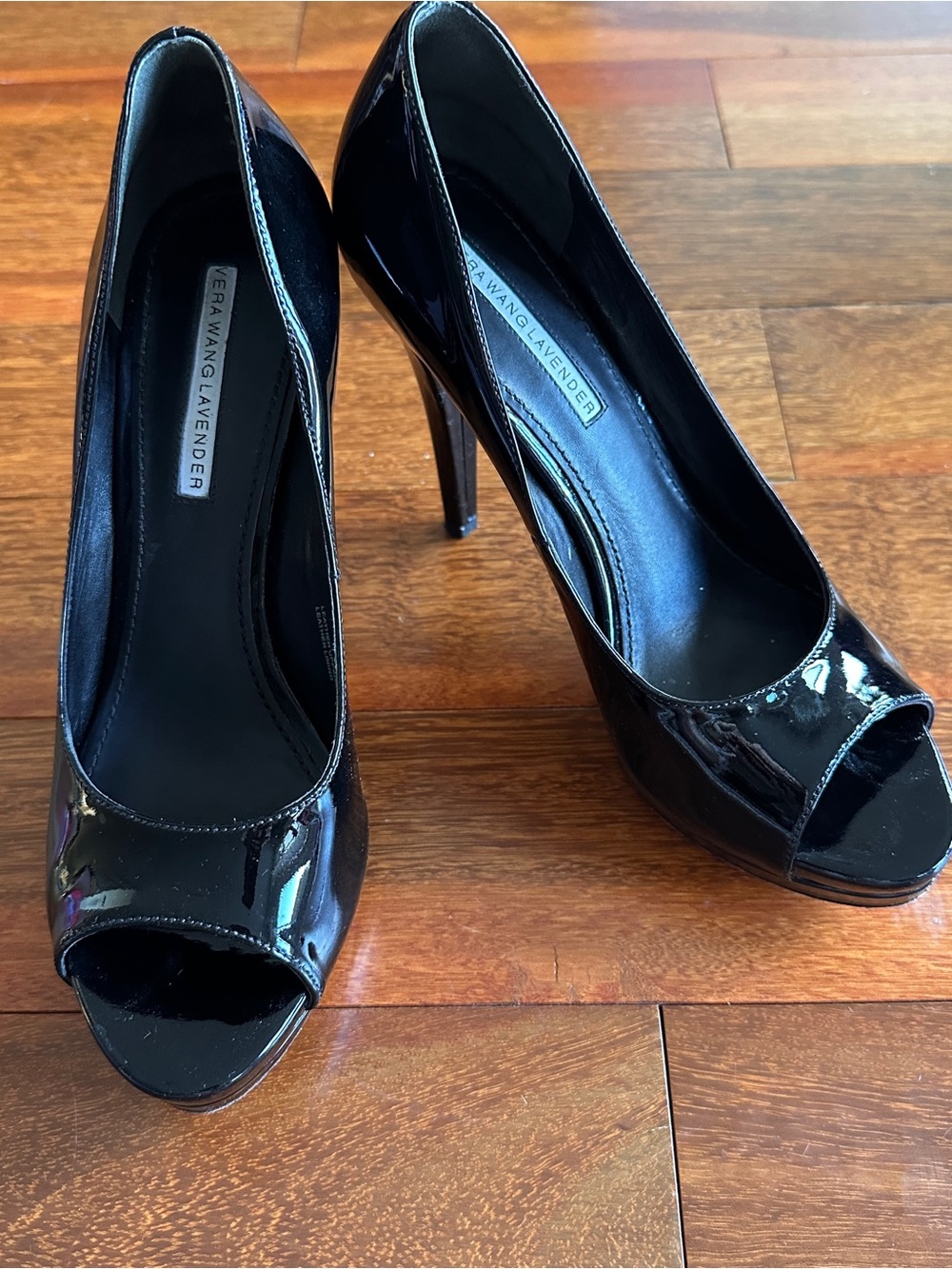 Vera Wang Lavender Label Black Patent Peep-Toe Platform Heels - Picture 2 of 6